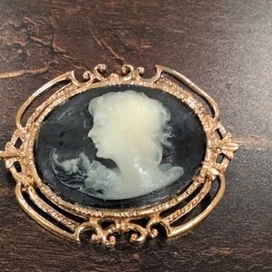 Vintage Cameo Brooch with Gold Tone Frame, Colors Black White Gold